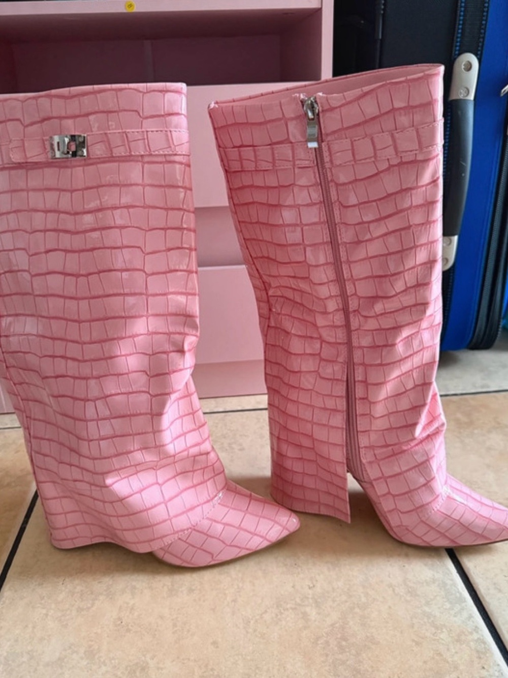 Pink Croc-Embossed Knee Boot - Women - Picture 1 of 6